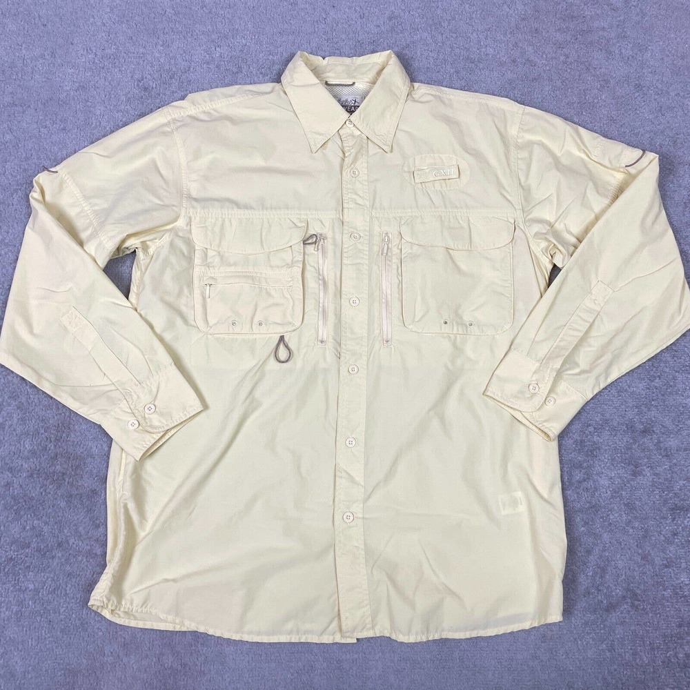 Cabelas Fishing Shirt Mens Medium Yellow Guidewear Vented UPF40 L/S GXII
